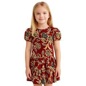Tanya Taylor Mini Kiara Dress Floral Red XS 4-5 Silk Blend Puff Sleeve Holida